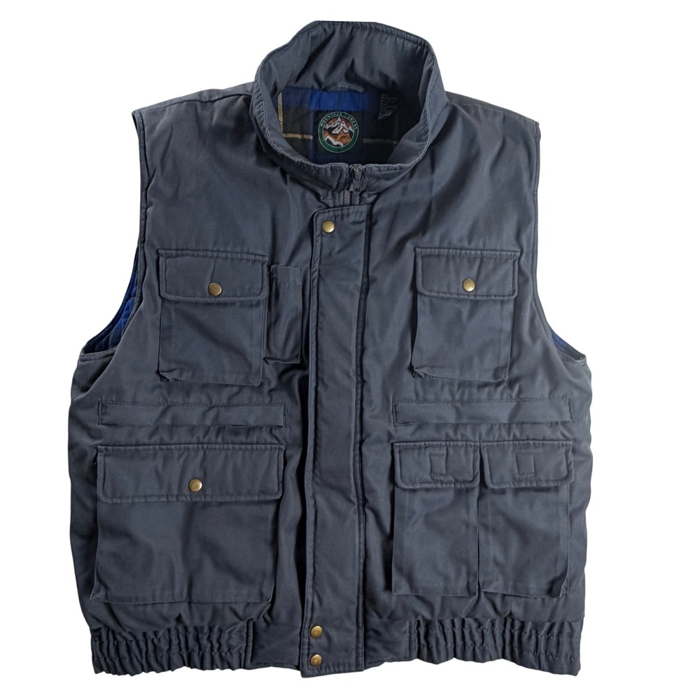 Mountain Crest Mens L Utility Vest Gray Flannel Lined Multi Pocket Outdoor